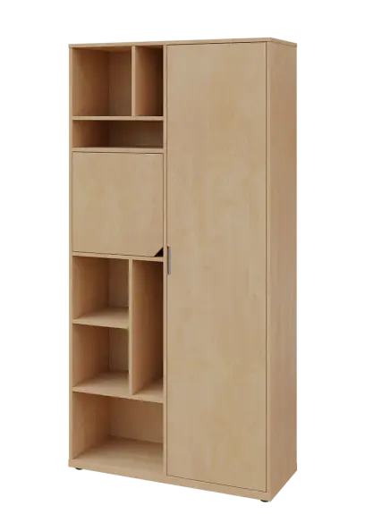 KSR6-83 P skříň šatní, 1x výsuvné ramínko, dvířka, niky, 2053x1022x400 mm, provedení pravé, bříza světlá